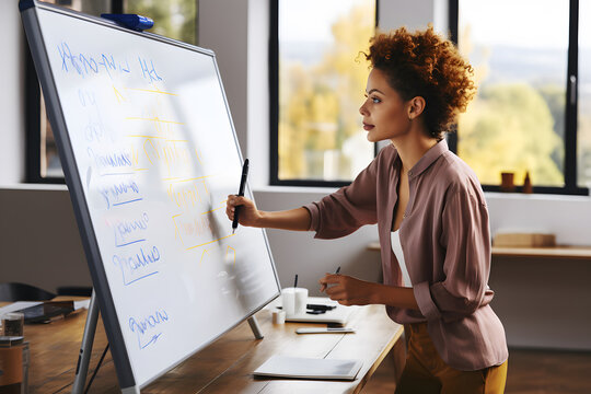 a business woman leads a meeting while writing on a blackboard in an office meeting room