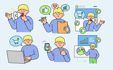 Marketing concept illustrations, including social media advertising, online shopping analysis, and simple vector-style designs