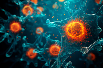 Obraz premium Abstract virus on a black isolated background. Abstract image of amoeba Naegleria fowler