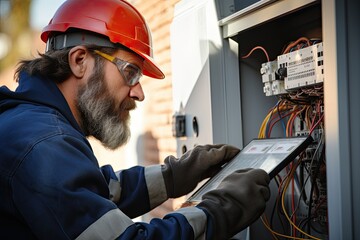 industrial worker inspecting an electrical panel (Generative AI)