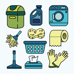 Set of Janitor and Cleaning Tools Cute Flat Line Icon