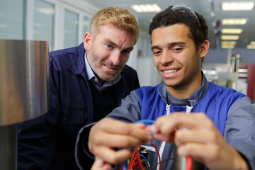 factory worker teaching new employee how to work with wires