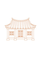 Editable Vector Illustration of Outline Style Front View Traditional Hanok Korean House Building for Artwork Element of Oriental History and Culture Related Design