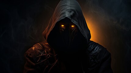 Enigmatic hooded figure with hidden face in dark shadows, dynamic male persona, intense flames on black background - high-quality - obrazy, fototapety, plakaty