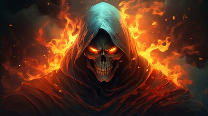 Captivating Digital Fantasy Art: Reaper Skull in Fiery Darkness