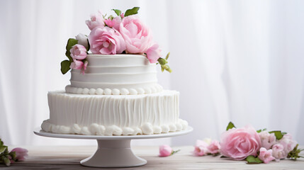 White wedding cake decorated with pink flowers