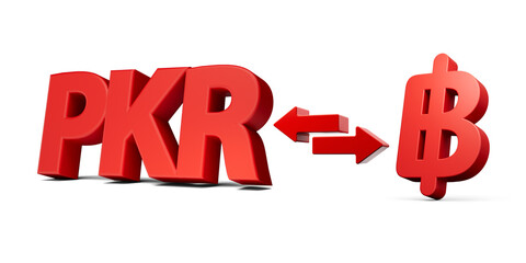 3d Red Pakistani Rupee And Baht Symbol Icons Money Exchange Arrows White Background 3d illustration