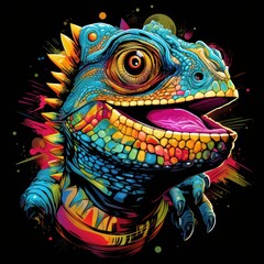 A neon chameleon with a retro twist, showcasing its vibrant colors on a shirt design that transports you to the '80s