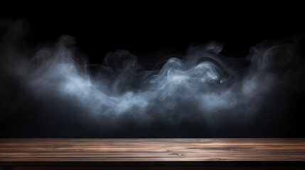 Smoke rising from empty wooden table on dark background - product display space