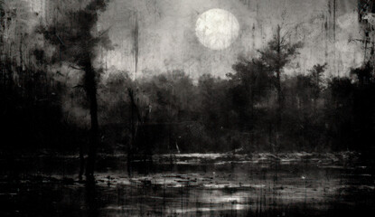Background in Black and White. Reflection of the Moon. Scratchy and Dusty Background. Night Landscape. Generative AI. 
