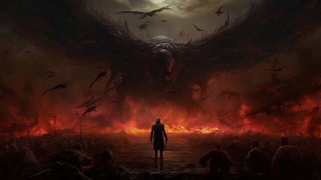 Giant boss with glowing battlefield red wings floating above army on massive battle field, dark fantasy oil painting