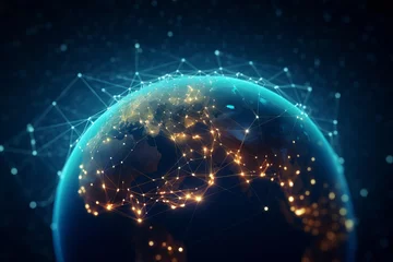 Zelfklevend Fotobehang Global metaverse connectivity: night earth in virtual internet network, digital communication on 3D background © Ameer