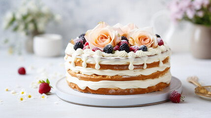 Obraz na płótnie Canvas Vanilla birthday cake on white table