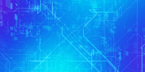 Futuristic electronic circuit and electronic technology concept. Wide angle visual for banners or advertisements.