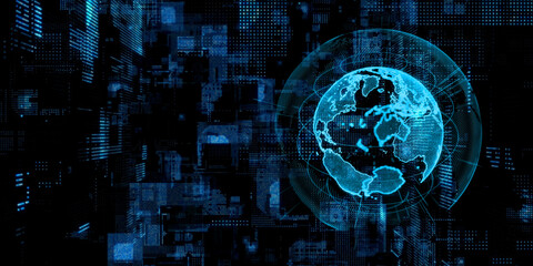Global network and digital technology concept. Wide angle visual for banners or advertisements.
