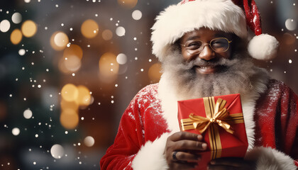 African american santa holdinf gift box in hands at snow