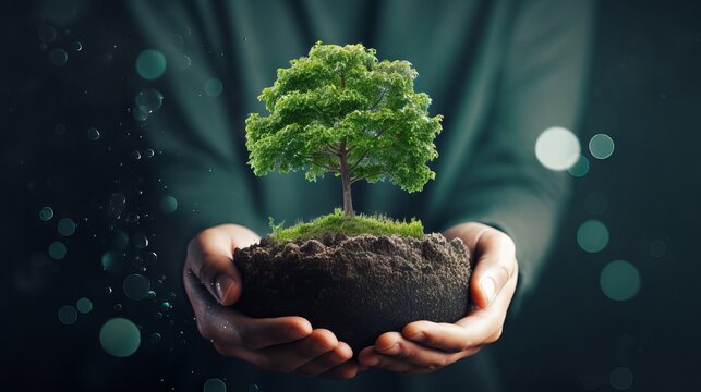 Earth day banner: hands holding earth globe, growing tree - arbor day, environment, clean planet, ecology concept