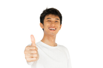 Happy man in stylish white t-shirt with smile pointing thumbs up Isolated on white background. Well done. Agreement concept.