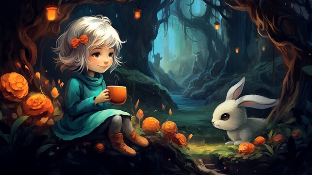 Woman with short bob white hair enjoying her coffee while sitting in a cozy hollow, accompanied by an adorable woodland creature, surrounded by vibrant colors. "children's book illustration"