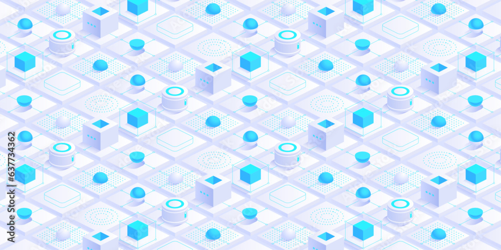 Poster Isometric digital blocks or cubes. Digital cyberspace and data network connections concept. Cloud network. IOT ai science. Future technology abstract background concept. Vector illustration