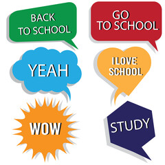 Vector set of speech bubbles in comic style. Hand drawn set of dialog windows with phrases: Hi, Hello, Thank you, Yes, Wow, Bye, Welcome, I love you.