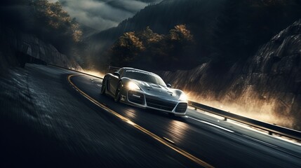 Obraz premium Speeding Elegance: Luxury Sports Car Races Through Serene Scenic Highway, Embraced by Lush Trees and Nature