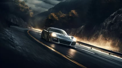 Tuinposter Speeding Elegance: Luxury Sports Car Races Through Serene Scenic Highway, Embraced by Lush Trees and Nature © Ameer