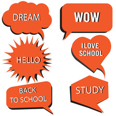 Vector set of speech bubbles in comic style. Hand drawn set of dialog windows with phrases: Hi, Hello, Thank you, Yes, Wow, Bye, Welcome, I love you.