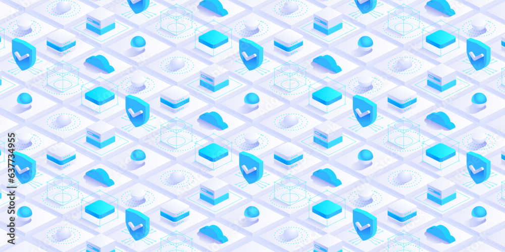 Poster isometric digital blocks or cubes. digital cyberspace and data network connections concept. cloud ne