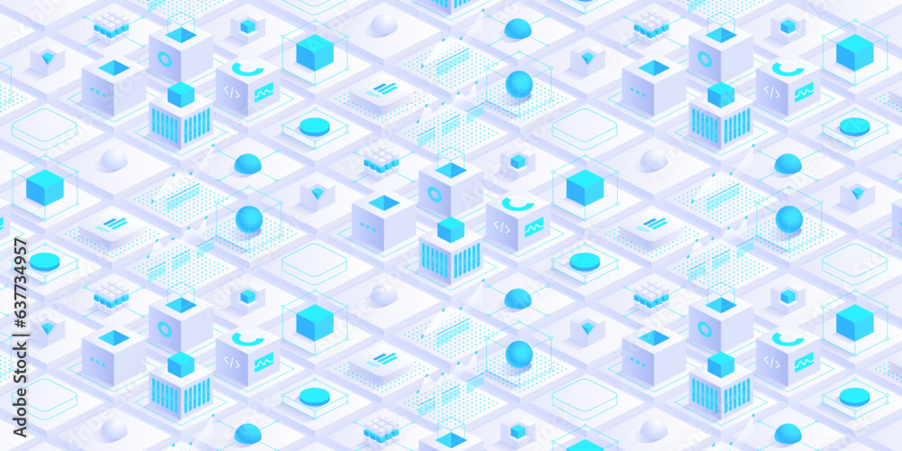 Poster Isometric digital blocks or cubes. Digital cyberspace and data network connections concept. Cloud network. IOT ai science. Future technology abstract background concept. Vector illustration