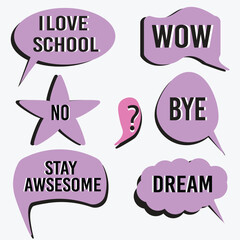 Vector set of speech bubbles in comic style. Hand drawn set of dialog windows with phrases: Hi, Hello, Thank you, Yes, Wow, Bye, Welcome, I love you.