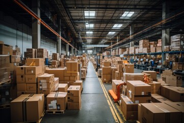 Busy Warehouse Filled With Neatly Stacked Packages, Generative AI