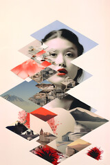 Abstract surreal collage art mood board Concept. Portrait of a woman, pastel, koi fish, mountain, landscape, flowers, floral, zen, oriental, different modern elements and symbols	
 - obrazy, fototapety, plakaty