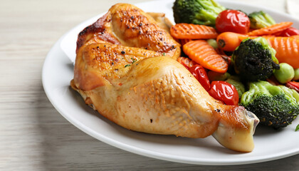 Delicious cooked chicken and vegetables on white wooden table, closeup. Healthy meals from air fryer