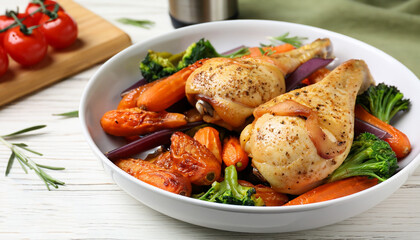 Delicious cooked chicken and vegetables on white wooden table, closeup. Healthy meals from air fryer