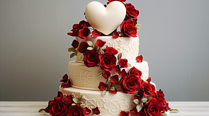 Wedding cake with red heart and red roses