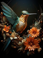 Fototapeta premium Humming bird in a circle, floral wedding invitation card, in the style of realistic and hyper