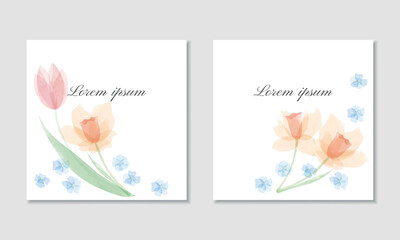 Vector watercolor square card template with daffodils, tulips and forget-me-nots - 637736999