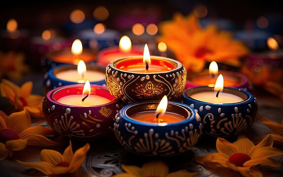 A Diwali Scene Aglow in the Evening, Adorned with Flowers and Lamps.