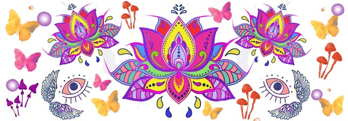 Lotus flower, Ramadhan,  Holiday, Yoga, tarot, tattoo template. Multicoloured horizontally banner. Oriental, parsley design. Butterflies, mushroom, floral botanical elements.