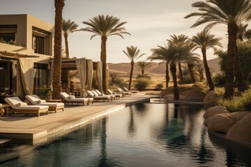 Obraz premium Tranquil Desert Oasis With A Luxurious Swimming Pool, Generative AI