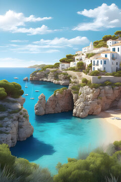 Paysage baln&eacute;aire en M&eacute;diterran&eacute;e &ndash; Plage de Minorque-Espagne (G&eacute;n&eacute;r&eacute; par IA)