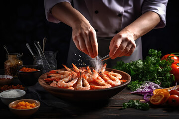 Seafood, Professional cook prepares shrimps with sprigg beans. Cooking seafood, healthy vegetarian food and food on a dark background