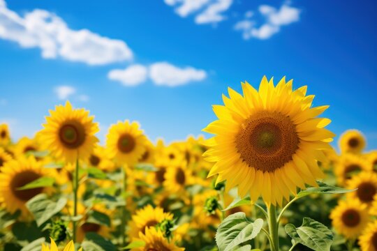 Field of blooming sunflowers and blue sky Generative AI.