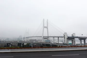 Foto op Plexiglas Nanpubrug Foggy Nanpu Bridge with Empty Streets and Stunning Sky in Shanghai