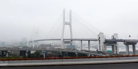 Photo sur Plexiglas Pont de Nanpu Shanghai Cityscape: Nanpu Bridge and Panoramic Skyline in 2017