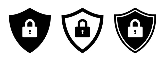 Set of security shield icons, security shields logotypes with check key lock or padlock. Security shield symbols. Vector illustration.