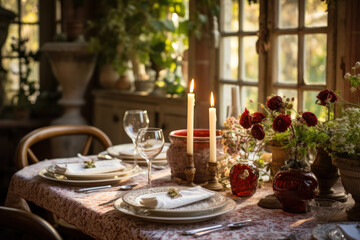 A charming dining room with red tablecloth 
