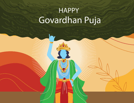Goverdhan Puja greeting card, It is a Hindu festival.. Creative background with Lord Krishna..