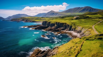 Captivating scenery of Ring of Kerry, Ireland: majestic landscapes, coastal beauty, view from the top of mountain - obrazy, fototapety, plakaty